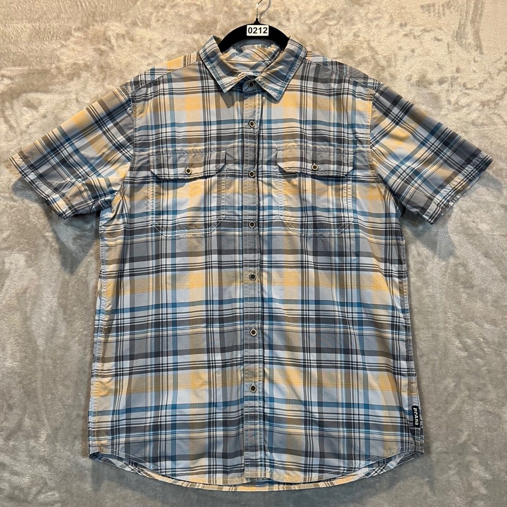 Prana Mens Short Sleeve Plaid Button Up Size Medium Organic Cotton Blend Outdoor